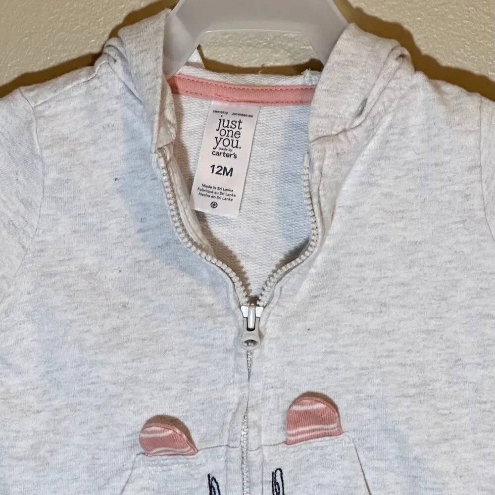 Baby Girl Full-Zip Gray Hoodie Sweatshirt Animal Carters Just One You Sz 12M